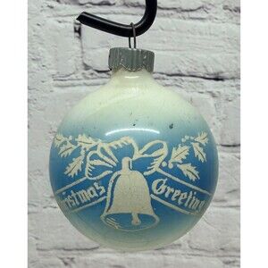 Vtg Shiny Brite Ombre Blue Christmas Greeting Stencil Ball Ornament Opaque